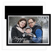 Black with Faux Silver Border Flat New Year Photo Cards