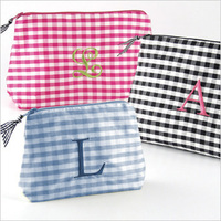 Silk Gingham Embroidered Initial Cosmetic Bag
