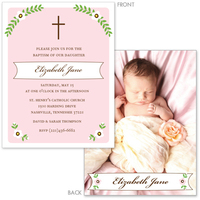 Cross and Foliage with Pink Border Photo Baptism Invitations