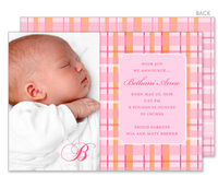 Pink and Orange Plaid Photo Birth Announcements