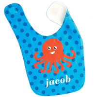 Blue Polka Dot Baby Bib with Burnt Orange Octopus Design