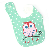 Seafoam Green Polka Dot Baby Bib with Girl Owl Design