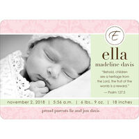 Pink Damask and Green Photo Birth Announcements