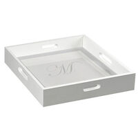 White Wood Square Tray with Soft Grey Script Initial