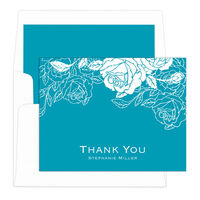 Turquoise Woodcut Roses Thank you Note Cards