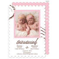 Pink Script Introducing Twins Photo Birth Announcements