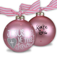 Pink Jesus Loves Me Glass Christmas Ornament