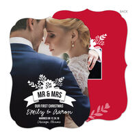 Floral Ribbon Mr and Mrs. Red Holiday Photo Cards