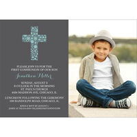 Grey Floral Lace Cross Photo Communion Invitations