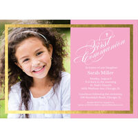 Pink Gold Foil Frame Photo Communion Invitations